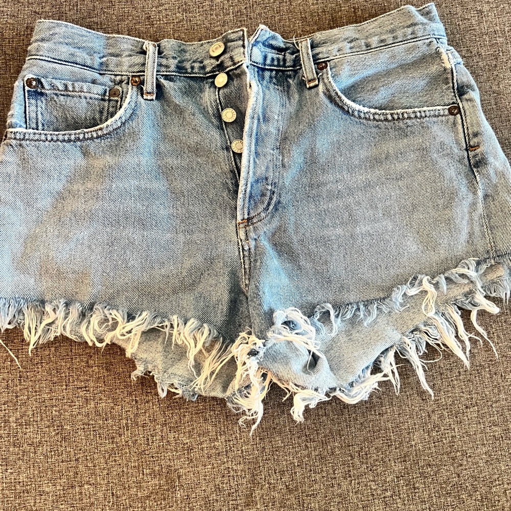 Agolde Light Blue Frayed Jean Shorts